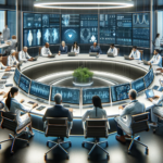 Administrators work in a round table with various screens forming a central hub.