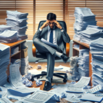 A frustrated administrator sits with his head in his hands, surrounded by messy stacks of papers and files.