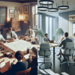 A split image of doctors working tirelessly at a paper-strewn table, chalkboards in the background, contrasted with a modern medical office scene of calm and order.