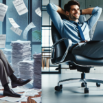 A split image of an administrator frustrated with papers falling down around him, contrasted with the same administrator reclined and looking happy in his office chair.