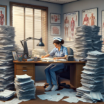 A stressed nurse works in her office surrounded by stacks of untidy files and paperwork.